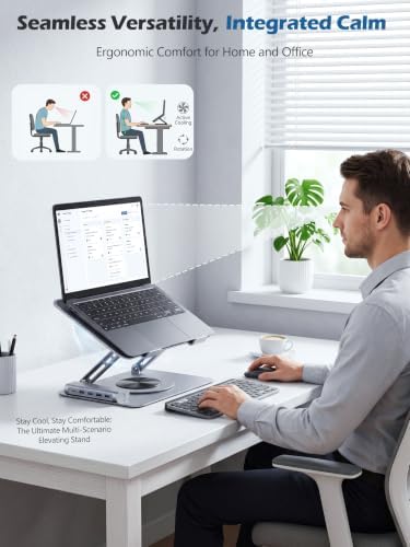 360° Rotating Laptop Cooling Pad with Detachable Magnetic Fan & 4 USB 3.0 Hub, Foldable Ergonomic Computer Riser, Compatible with MacBook Pro, Compatible with Dell, Fits 10-17” Laptops