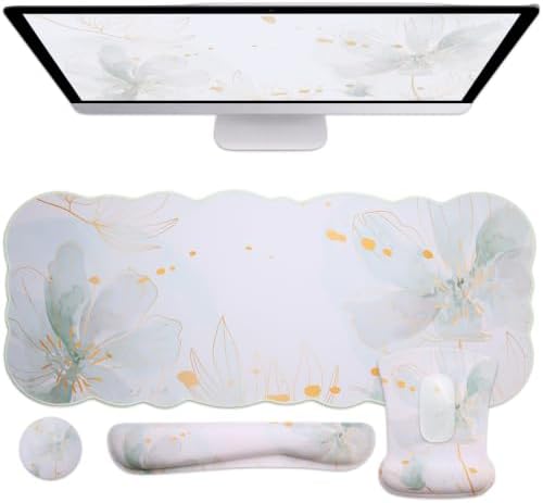 Scalloped Desk Mat 4-in-1 Set, XXL Large Wave Edge Mouse Pad with Gel Wrist Rest, Memory Foam Keyboard Wrist Rest & Coaster, Watercolor Floral Aesthetic Desk Pad for Women