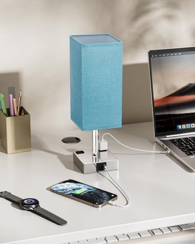 Turquoise Touch Table Lamp for Bedroom - Dimmable, USB C+A, 2 AC Outlets