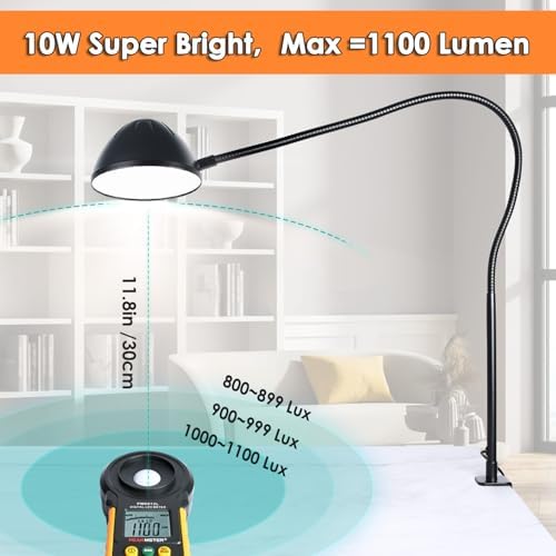 Long Gooseneck Clamp Lamp, Clip Desk Lamp with Clamp, 10W, 1100 LMS, 3 Color Modes, 10 Brightness Levels, 31 Inches Long Flaxible Gooseneck, Perfect for Craft, Reading, Home, Office
