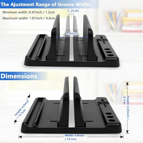 Vertical Laptop Stand Holder, ABS Organizer with Adjustable Dock, 3/4 in 1 Design Extra Storage Space-Saving, Sturdy Laptop Computer Holder for PC, MacBook, Mini PC, iPad (Black, 1 Slot)