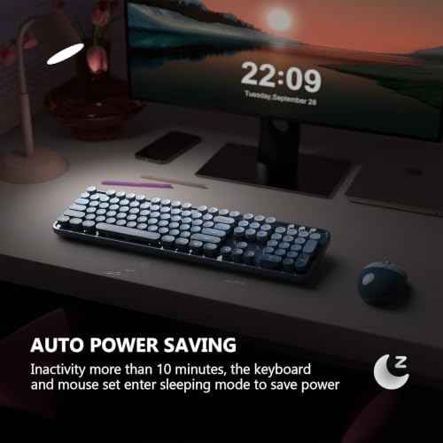 MOFII Wireless Keyboard and Mouse Combo, 2.4 GHz Full-Size Retro Round Keyboard and Mouse, Plug and Play, 8 Multimedia & Shortcut Keys for Mac, Windows, Laptop/Desktop/PC - Blue Gradient