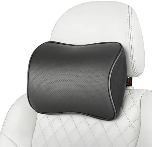 Aukee Car Headrest Pillow Memory Foam Car Neck Pillow with Adjustable Strap Soft Leather Headrest for Driving Home Office Black (1PC)