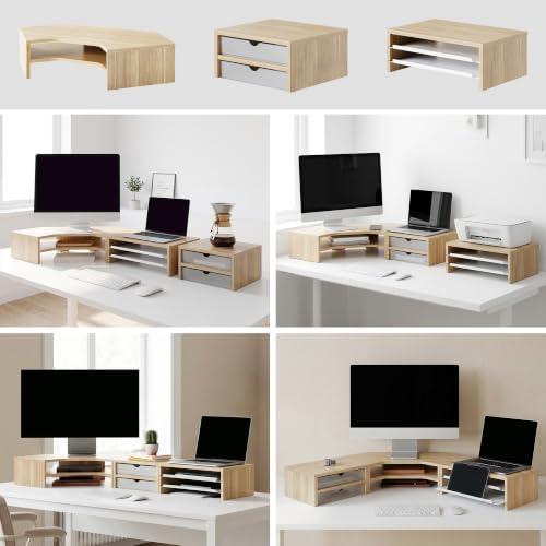 Fenge Dual Monitor Stand, Corner Desk Shelf with Drawer & Slide-Out Tray