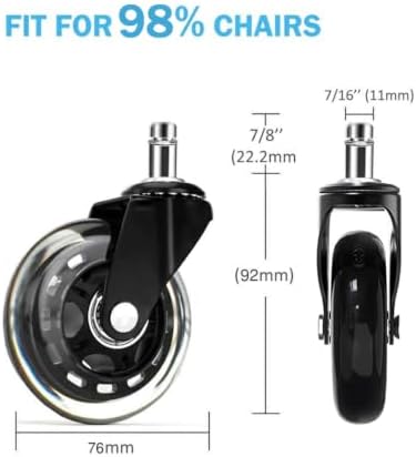 Office Chair Wheels 3 inches Heavy Duty Soft PU Rubber Safe for Hardwood Carpet Tile Floors (Set of 5) Generally Applicable to Office Wheels, Replace Chair mats - Universal fit (Black & Clear 3inch)