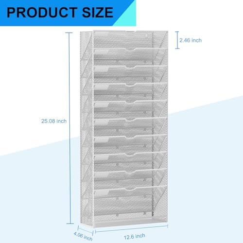 Hanging Wall File Organizer 10 Tier Wall Mounted File Holder Document Wall Organizer Magazine Organization for Office Home, Silver