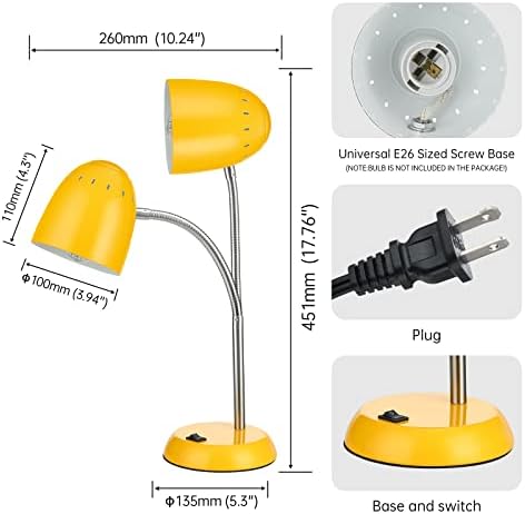 Eye-Caring Table Lamp of Simple Designs Home E26 Led Screw Basic Metal Desk Lamp with Flexible Gooseneck Hose Neck Study Lamp for Bedroom Office Living Room Convenient On/Off Switch(Yellow)