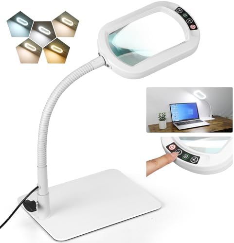 Veemagni 12X Rectangle Magnifying Glass with Light and Stand, Flexible Gooseneck LED Lighted Desk Lamp, 5 Color Modes Stepless Dimmable, Hands Free Magnifier for Reading Painting Close Work - White