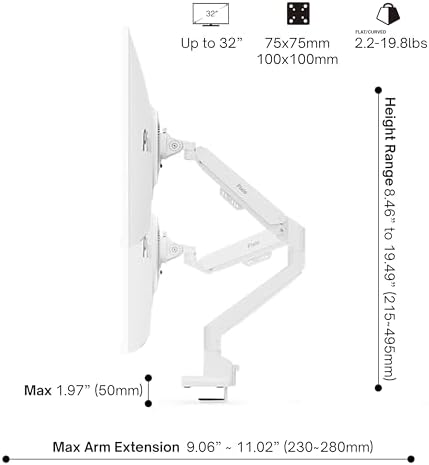 Pixio PS1S Wave White Single Monitor Arm Stand Desk Mount - Fits up to 32 inches Monitors and up to 19.8lbs. VESA Compatibility and Integrated Cable Management