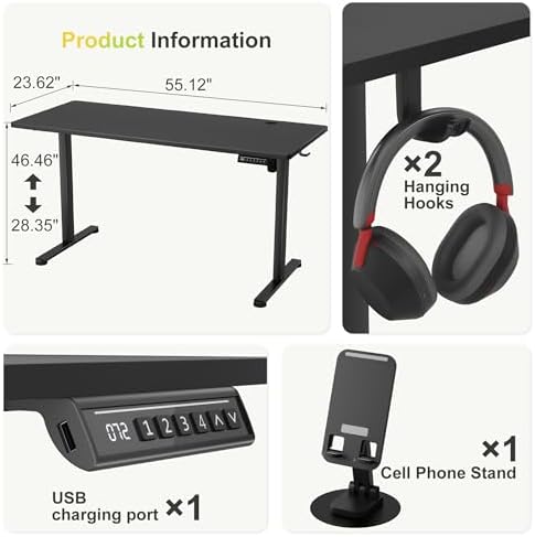 Furmax 55 Inches Electric Standing Desk, Home Office Desk with Phone Holder