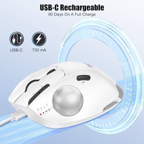 TRELC Wireless Trackball Mouse, Ergonomic Rollerball Mouse with 4800 DPI/7 Programmable Buttons, Thumb Control Mice, Rechargeable Optical Mouse for 3 Devices, for Windows, PC, Laptop, Tablet (White)