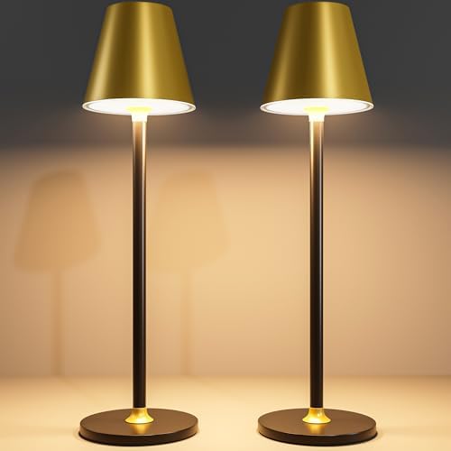 Timjorman 2-Pack Cordless Table Lamps - 5000mAh Rechargeable Battery Operated Desk Lamp, 3-Level Dimmable LED Night Light for Bedroom, Dining, Restaurant - Metal Design(Gold&Black 2-Pack)