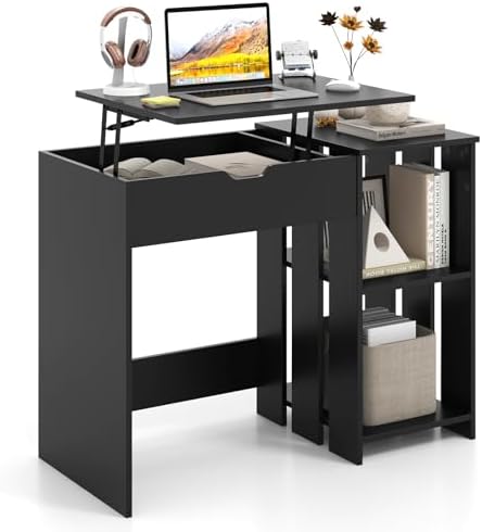 Tangkula Computer Desk with Lift Top, Space Saving Standing Desk with Hidden Compartment and Open Storage Shelves, Study Writing Desk with Lifting Mechanism, Black