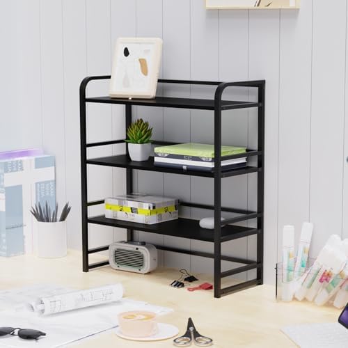 Office Desk Shelf Organizer, Wood Desktop Bookshelf Supplies Storage Rack, Shelf for Top of Desk and Dresser and Cubicle Decor Aesthetic Bookshelf (Black Black, Three Tier, 11.81Lx7.87Wx22.05H)