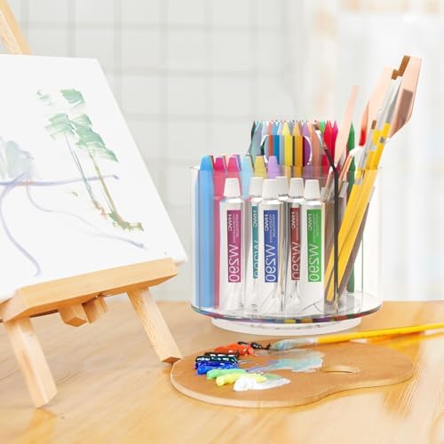 Absonic Pencil Holder for Kids, 360 Rotating Pen Holder for Desk Organizer and Storage, 4 Compartments Art Supply Marker Organizer, Acrylic Kids Desk Organizer for School Lazy Susan Organizer