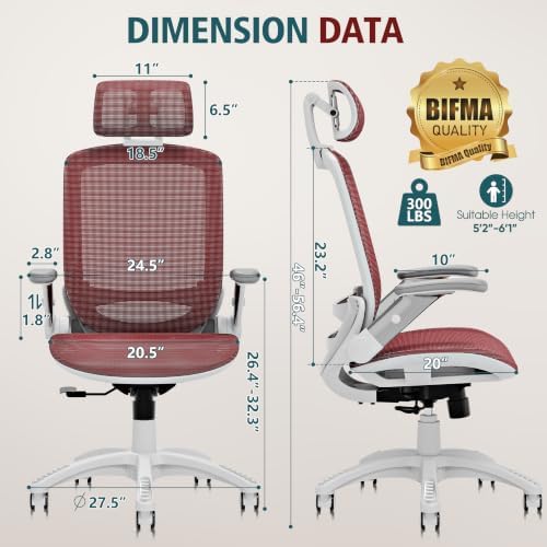 GABRYLLY Ergonomic Office Chair, High Back Home Desk Chair with 2D Flip-Up Arms, 3D Headrest, 90-120° Tilt and Wide Cushion, Big and Tall Mesh Chairs for Man Woman, Computer Task Chair Red