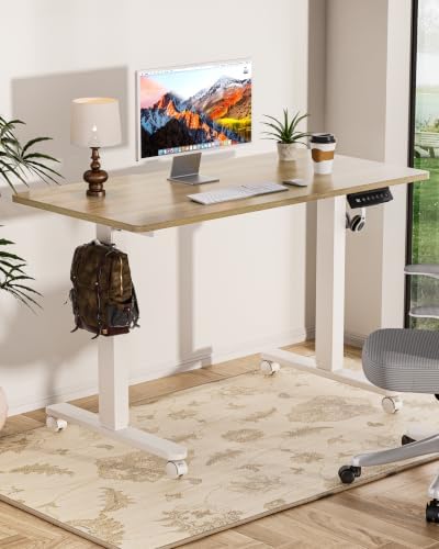 Okin Standing Desk Electric Adjustable Computer Whole Piece Stand up Desk with Wheels Office Gaming Home Office Memory Desks 48x24 inches Cream Pecans