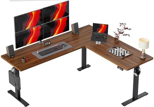 TIQLAB 75 x 61 inch L Shaped Standing Desk Adjustable Height, Electric Corner Standing Desk, Sit Stand Computer Table with Splice Board, Black Walnut