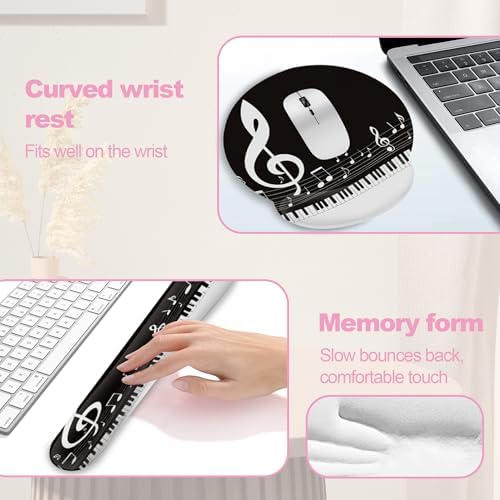 Black and White Piano Notes Mouse Pad with Wrist Rest Set, 3-in-1 Wrist Support Mousepad Set, Gaming Mat Pad with Anti-Skid Base,Ergonomic Memory Foam Mouse Pad Set for Women, Office, Typing, Gaming