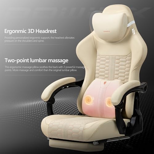 Dowinx Big & Tall Vintage Gaming Chair for Adults, 400 lb Capacity Heavy Duty Ergonomic Computer Chair with Massage Lumbar, Footrest & Easy Side Recline, Beige