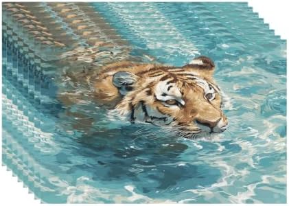 Batmerry Cute Tiger in Water Blue Placemats, Swimming Washable Linen Table Mats for Kitchen Table Double Insulation Decor Dining Set Indoor Outdoor 12X18 in Set of 8