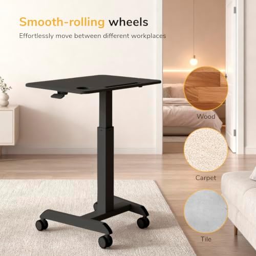 Mount-It! Laptop Cart Rolling Desk Adjustable Height with 28.5" x 22" Tabletop, Ergonomic Sit-Stand Workstation on Wheels Portable for Home Office, Dorm, Classroom, Black