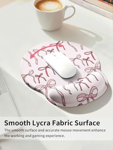 Seorsok Pink Ribbon Bow Mouse Pad with Gel Wrist Support Mouse Pad,Ergonomic Aesthetic,Comfort Mousepad for Office Work Computer,Pain Relief Mousepad with Non-Slip Silicone Base,Beautiful Bowknot