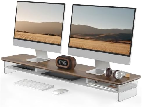 Fenge 42.5" Dual Monitor Stand with Clear Acrylic Legs, Brown