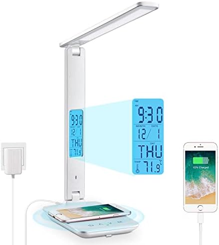 LAOPAO Desk Lamp with Wireless Charger: USB Charging Port, Table Lamp with Clock, Desk Lamps for Home Office College Dorm Room Essentials