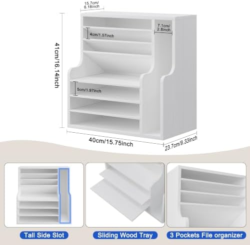 Wood Desktop File Holder Organizer Mail Sorter for File Folders, Mails, Envelopes or Magazines, 8 Compartments (White)