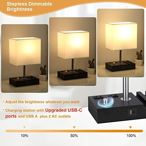White Table Lamp for Bedroom - Stepless Dimmable, USB C+A, 2 AC Outlets