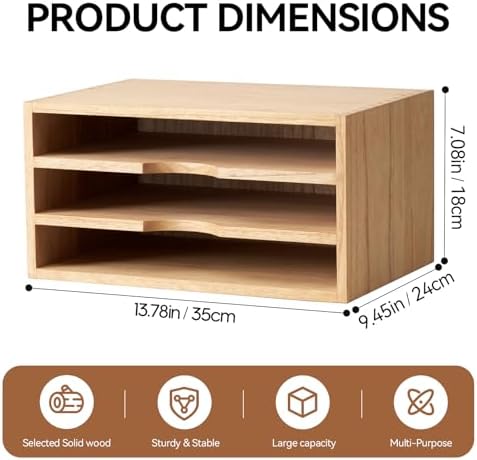 KIRIGEN Wooden Desk Organizer 3-Tier Letter Tray and Paper Sorter, Natural
