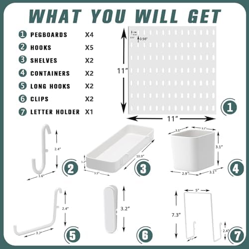 MULSAME Pegboard Combination Kit, Wall Mounted Storage Set with 4 Pegboards & 14 Accessories Hanging, White Peg Boards Organizer for Walls Display, Crafts Organization, Kitchen Organizer, 22" x 22"