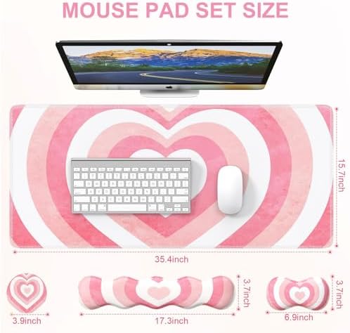 iLeadon Desk Mat Set, Pink Heart Mouse Pad and Keyboard Wrist Rest