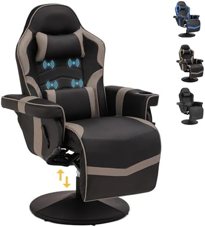 Game Reclining Chair with Adjustable Height, PU Gaming Chair with Massage, Long Footrest and Lumbar Support, High Back Swivel Computer Game Chair for Adult (Gray)
