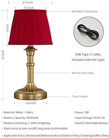 KDG Gold Cordless Table Lamps Set of 2, Red Fabric Shade Small Desk Lamp