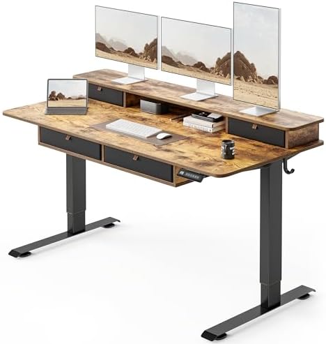 FEZIBO 60 x 30 inch Standing Electric Desk with Drawers, Rustic Brown