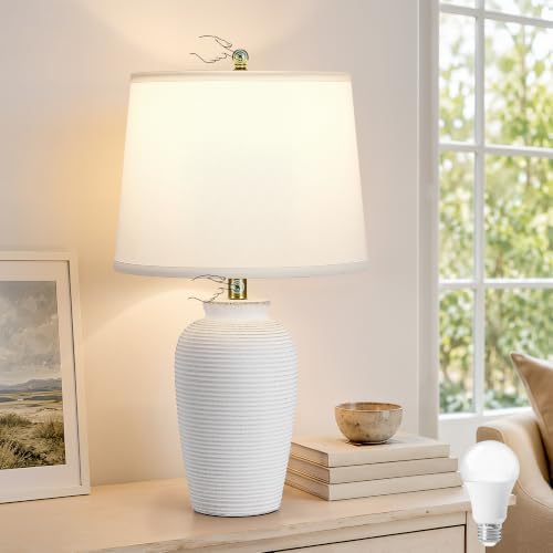 Textured Ceramic Table Lamp,Touch Dimmable Bedside Lamp, 23" White