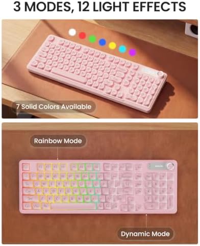 EWEADN V102 Wireless Keyboards, 98 Key Gaming Keyboard with Screen & Media Knob, Custom RGB Backlit, Tri-Mode BT5.0/2.4GHz/Wired Membrane Bluetooth Keyboard, Quiet Typing for Windows/MAC-Pink