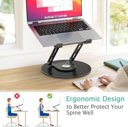 Laptop Stand for Desk Adjustable Computer Stand with 360 Rotating Base Ergonomic Laptop Riser Mount for Desk Foldable Protable Computer Desk Fits with MacBook Pro Air, Round Black