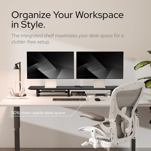 KIVY Dual Monitor Riser With Integrated Metal Shelf - Wooden Desk Shelf