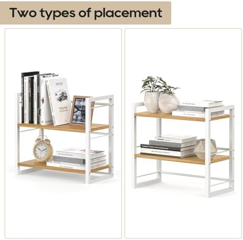 Office Desk Shelf Organizer, Wood Desktop Bookshelf Supplies Storage Rack, Shelf for Top of Desk and Dresser (White-2 Tier)