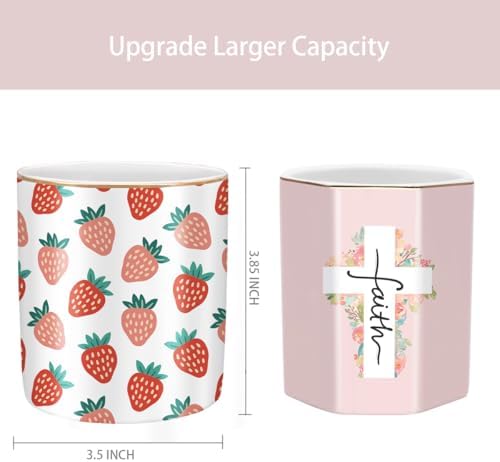 Pencil Holder for Desk, Ceramic Pencil Pens Cup Cute Makeup Brush Holder, Unique Desk Multifunctional Pen Organizer for Home, Office, Strawberries Pattern