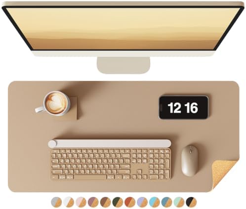 YSAGi Double-Sided Desk Pad, Leather Desk Mat, Eco Cork Desk Pad Protector, Large Mouse Pad for Desk, Waterproof Desk Blotter Pad, Writing Pad for Office/Home(23.6"x13.7",Apricot)