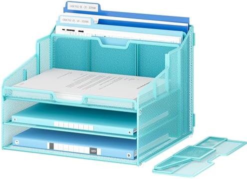 Lavatino Desk Paper File Organizer - Metal Mesh with 2 Letter Trays, 7 Flexible Dividers, 2 Vertical File Folder Holders for Office/Home/Classroom Supplies, Desk Organizers and Accessories, Blue