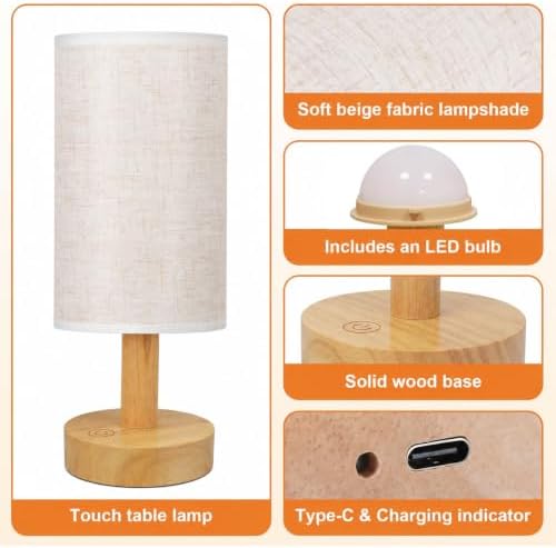 Rechargeable Cordless Touch Table Lamp with Stepless Dimming,Natural Wood Base&Linen Shade,Small Battery Wireless Ambient Night Light for Bedroom,Bedside,Nightstand,Nursery,Kitchen,Camping,Outdoor