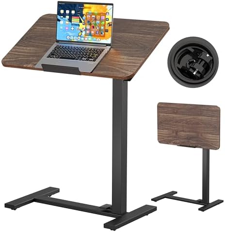 BIZUM Mobile Standing Desk Laptop Desk Pneumatic with Wheels 180° Tilt Top Hospital Bed Table Portable Rolling Cart Foldable Bedside Table for Hospital&Home Use, Walnut