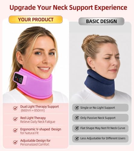Red Light Therapy Neck Brace, 660nm & 850nm Infrared Light Therapy for Neck Pain Relief & Support, 3 Light Modes and Timer, Adjustable Wireless Cervical Collar for Home Office Use (Purple)