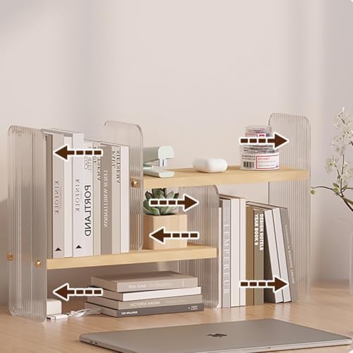 BYCY Double H Display Bookshelf Desktop Organizer Office Storage Rack Expandable Wood Display Shelf with Acrylic Side Board Free Style Display Storage Rack Stackable for Home Office (Natural)
