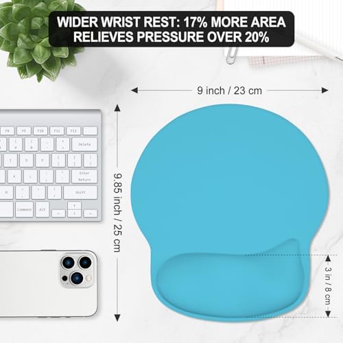 ITNRSIIET Ergonomic Mouse Pad with Wider Memory Foam Wrist Rest +17%, Curved Cushion Reduces Pressure 20%, Pain Relief, Non-Slip, Smooth, Cute Color Desk Accessory, 9.85 x 9 inch, Powder Blue